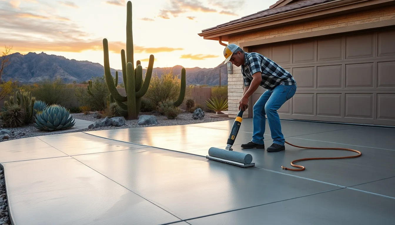 Concrete contractor finishing a driveway slab at a Tucson home with saguaro cactus and desert mountains in the background